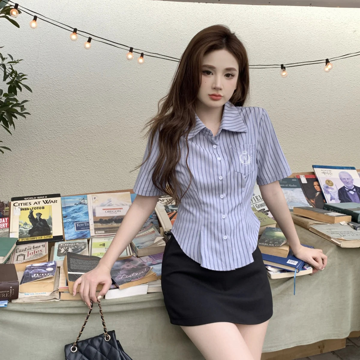 Shirt Crop Button Up Striped Short Sleeve