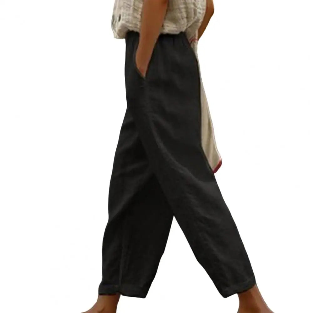 Elastic Waistband Drawstring Pockets Wide Leg Women Pants