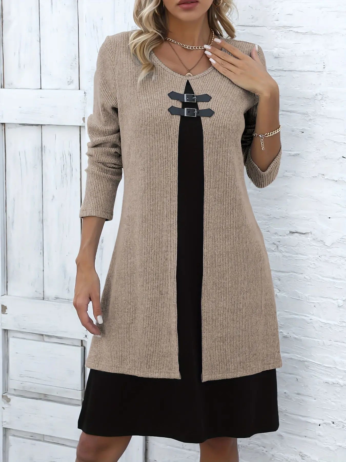 Solid Long Sleeved Round Neck Knitted  Dress