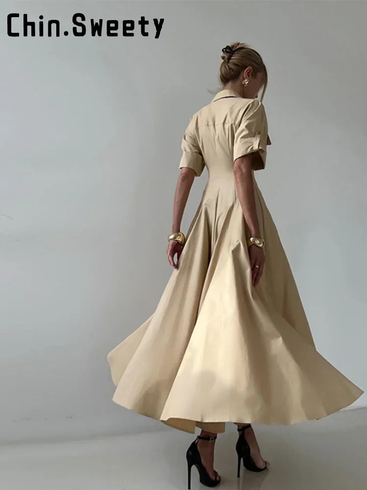 Khaki Long Dress Short Sleeve  A-line