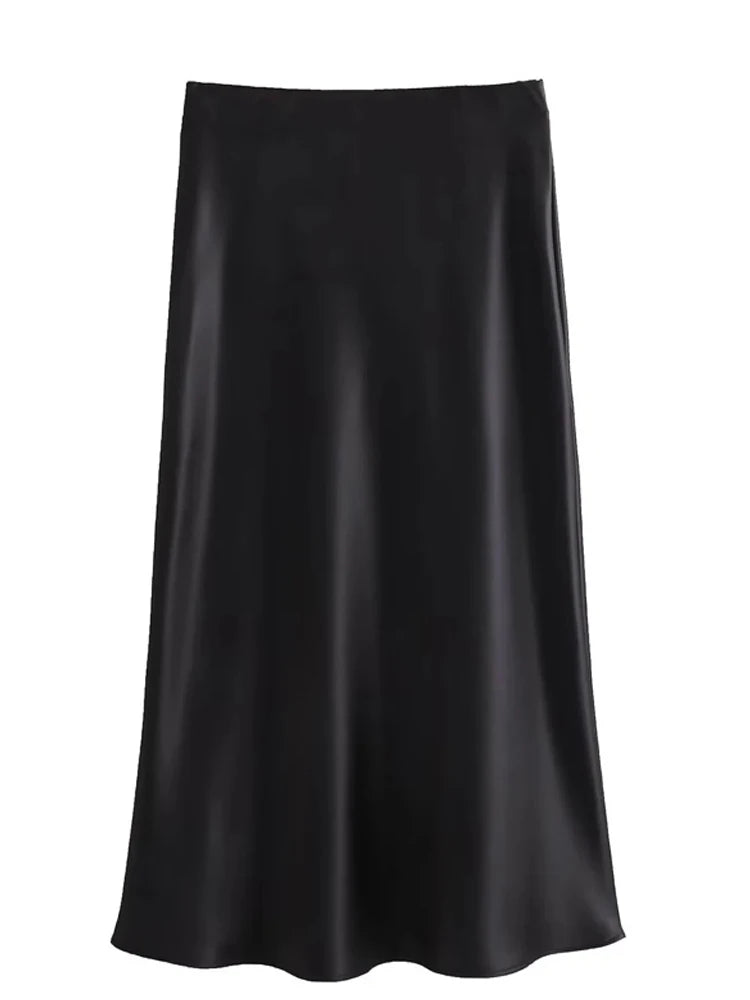 Black Satin High Waist  Midi Skirt