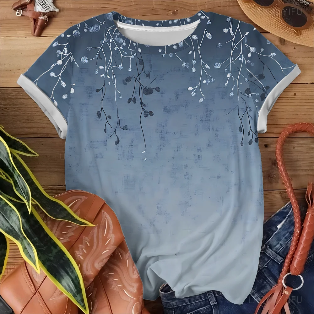 Blue And White Flower Pattern T-shirt Casual