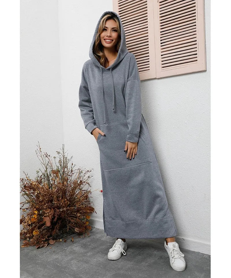 Hoodies Dress Lace-up Midi Robe Hooded
