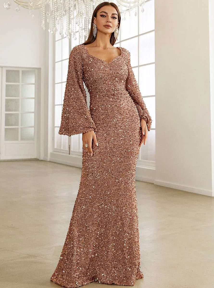 Elegant, Slim V-neck Wrapped Hip Sequin Dress