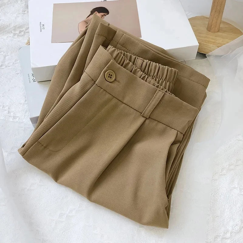 Suit Pants Solid Color Elastic Waist Ankle-Length