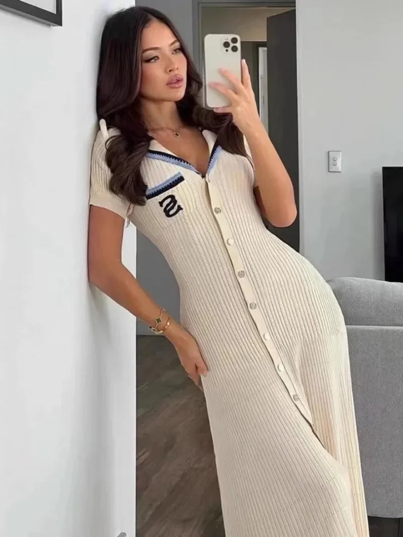 Slim Knitted Long Dress Short Sleeved