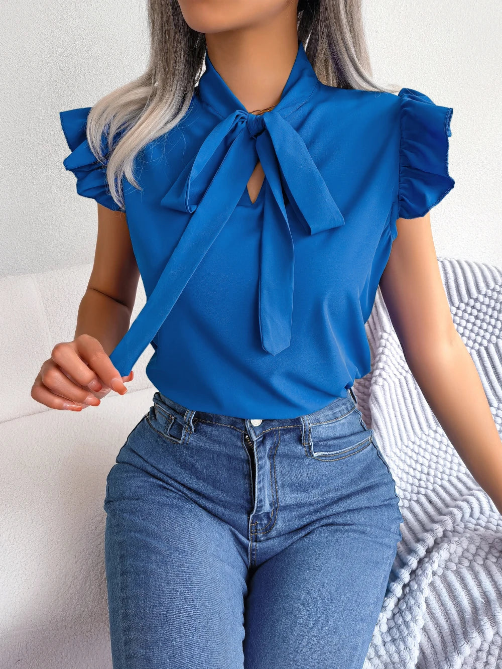 Women's Casual Bow Ruffle Short Sleeve  Blouse