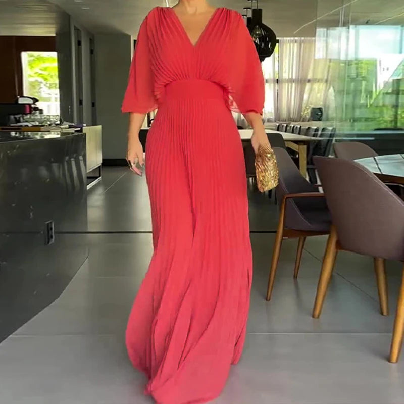 V-neck Casual 3/4 Sleeve Pleated Maxi Dress