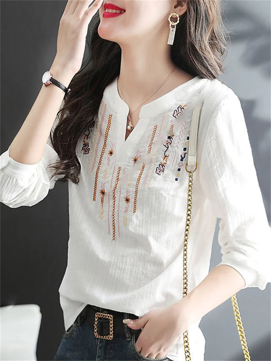 White Blouses V-Neck Long Sleeve
