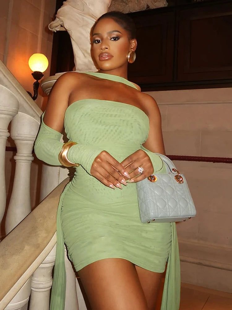 Mesh Mini Dress Strapless Ribbons Tassel  Gloves