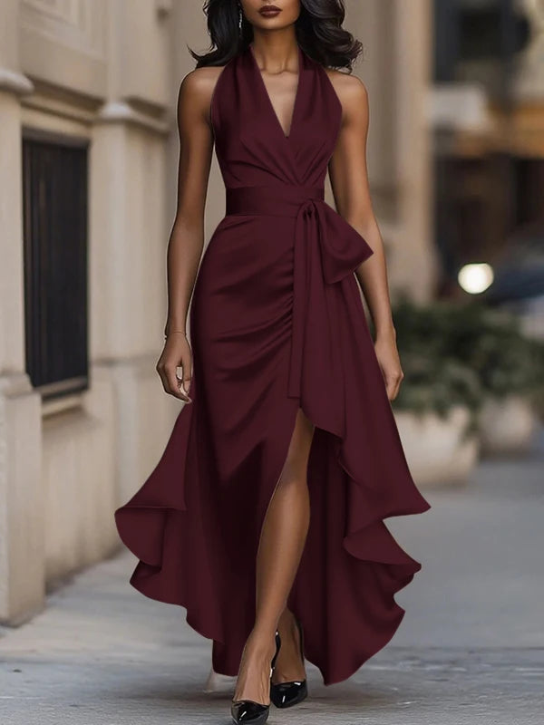 Deep V-neck Ruffled Evening Gowns Solid Color