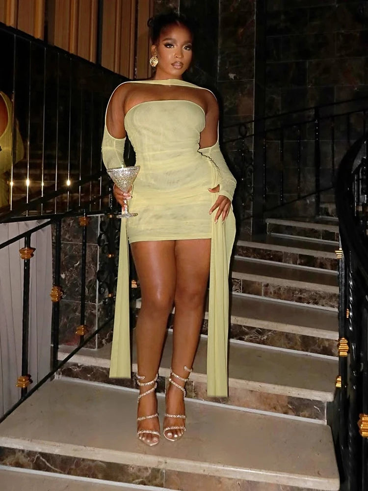 Mesh Mini Dress Strapless Ribbons Tassel  Gloves