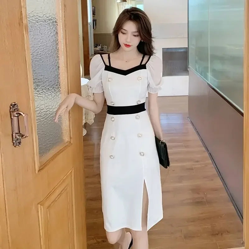 Midi Dress Short Sleeve Split Skirt