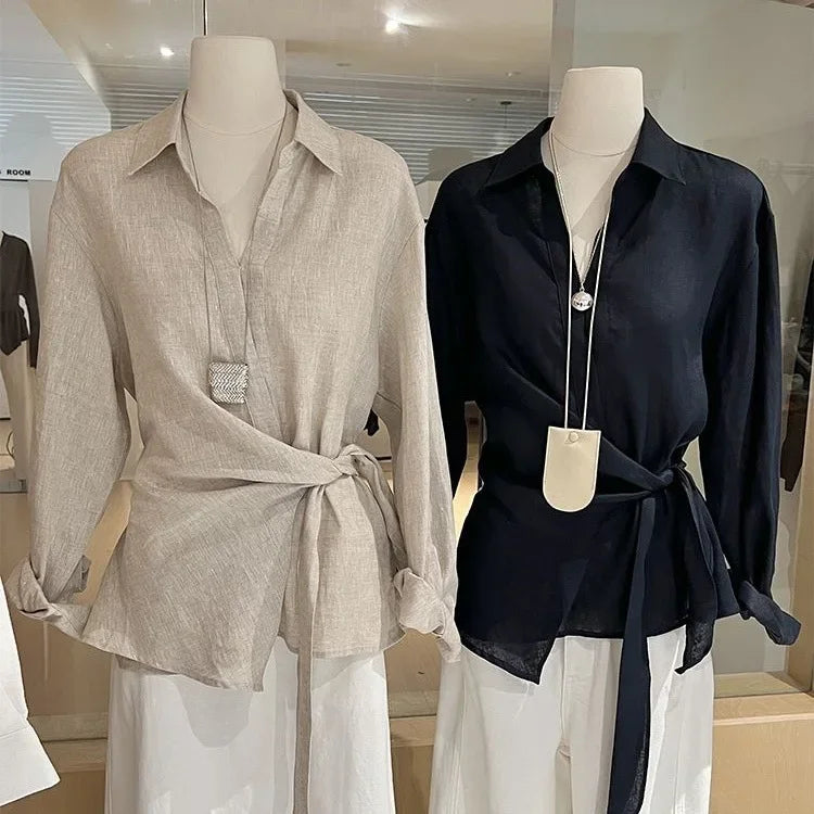 Loose Long Sleeve Asymmetrical Waist-Cinching  Top