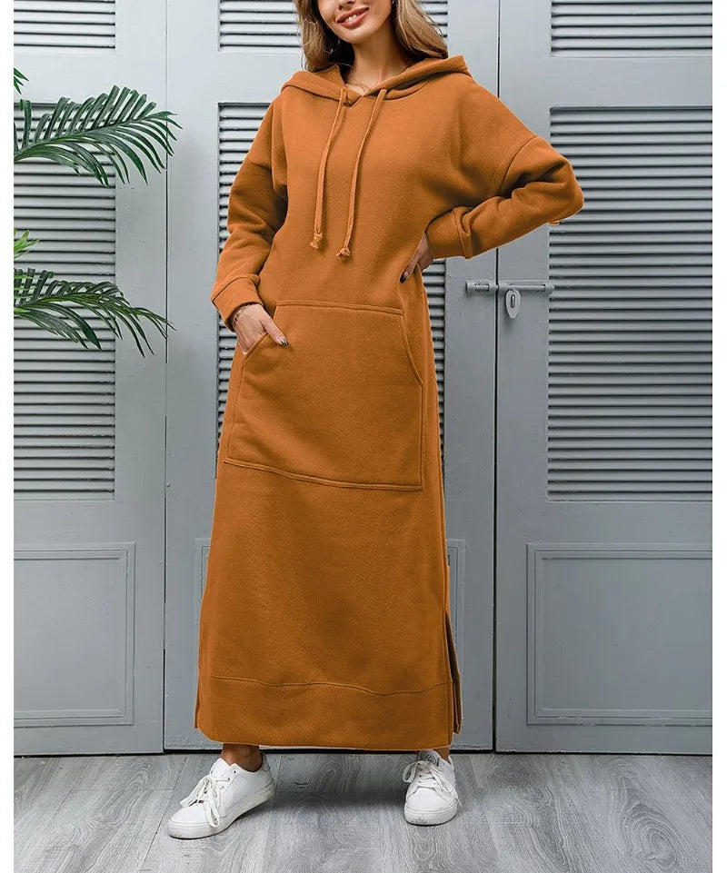Hoodies Dress Lace-up Midi Robe Hooded