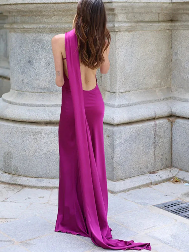 Ribbon Long Satin  Halter Backless Sleeveless Dresses