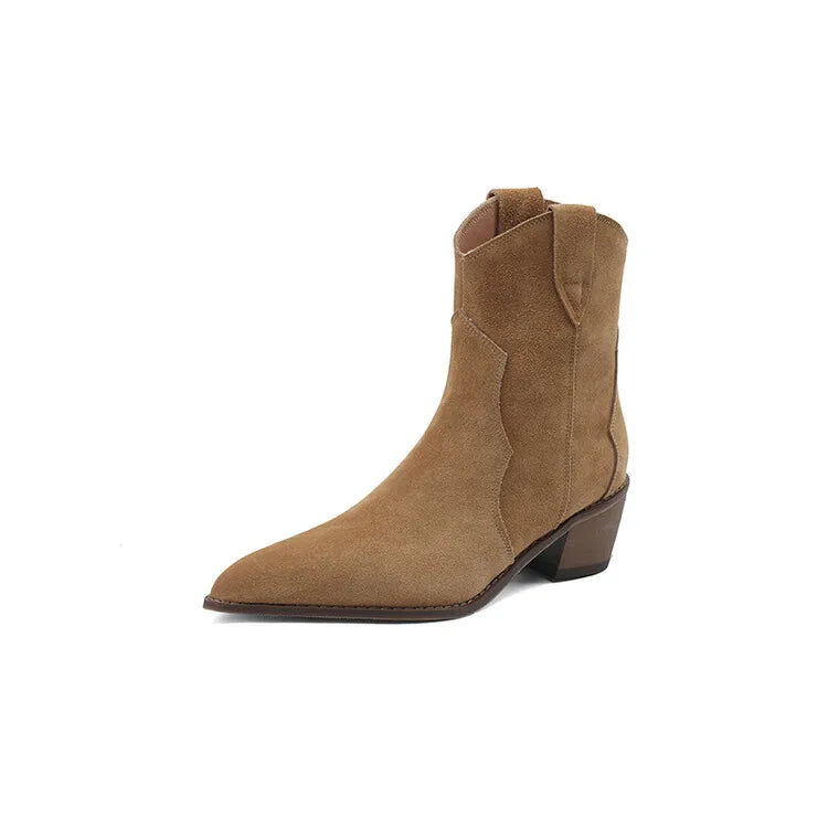 Cow Suede Pointed Toe Chunky Heel Boots