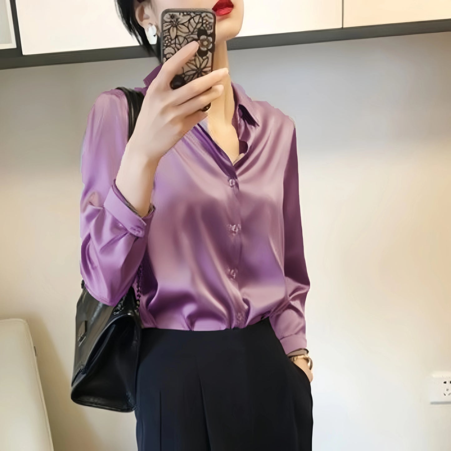 Satin Finish Blouses Long Sleeve Button