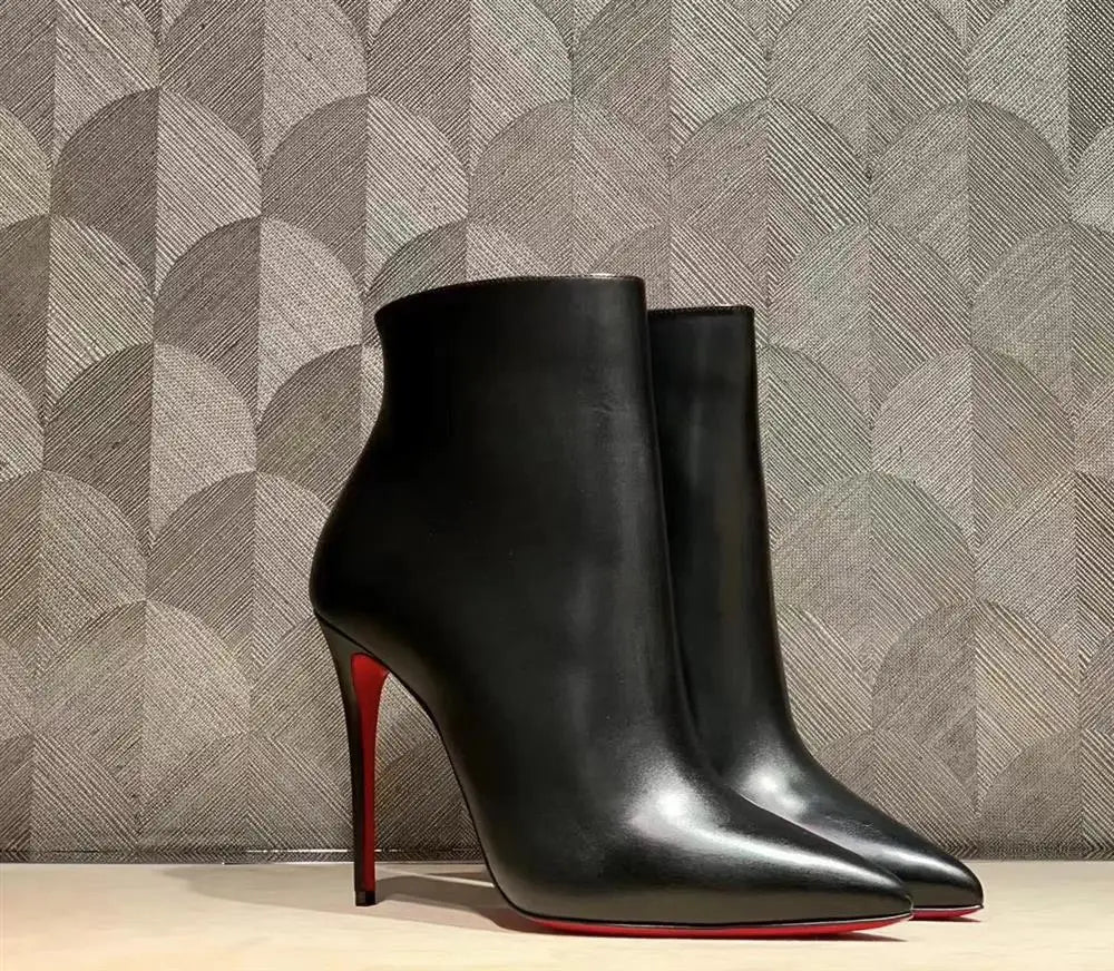 Leather Black Pointed Red Bottom Thin Heels