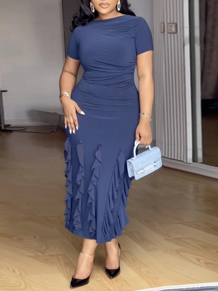 Short Sleeve Midi Dress Layered Ruffle Hem