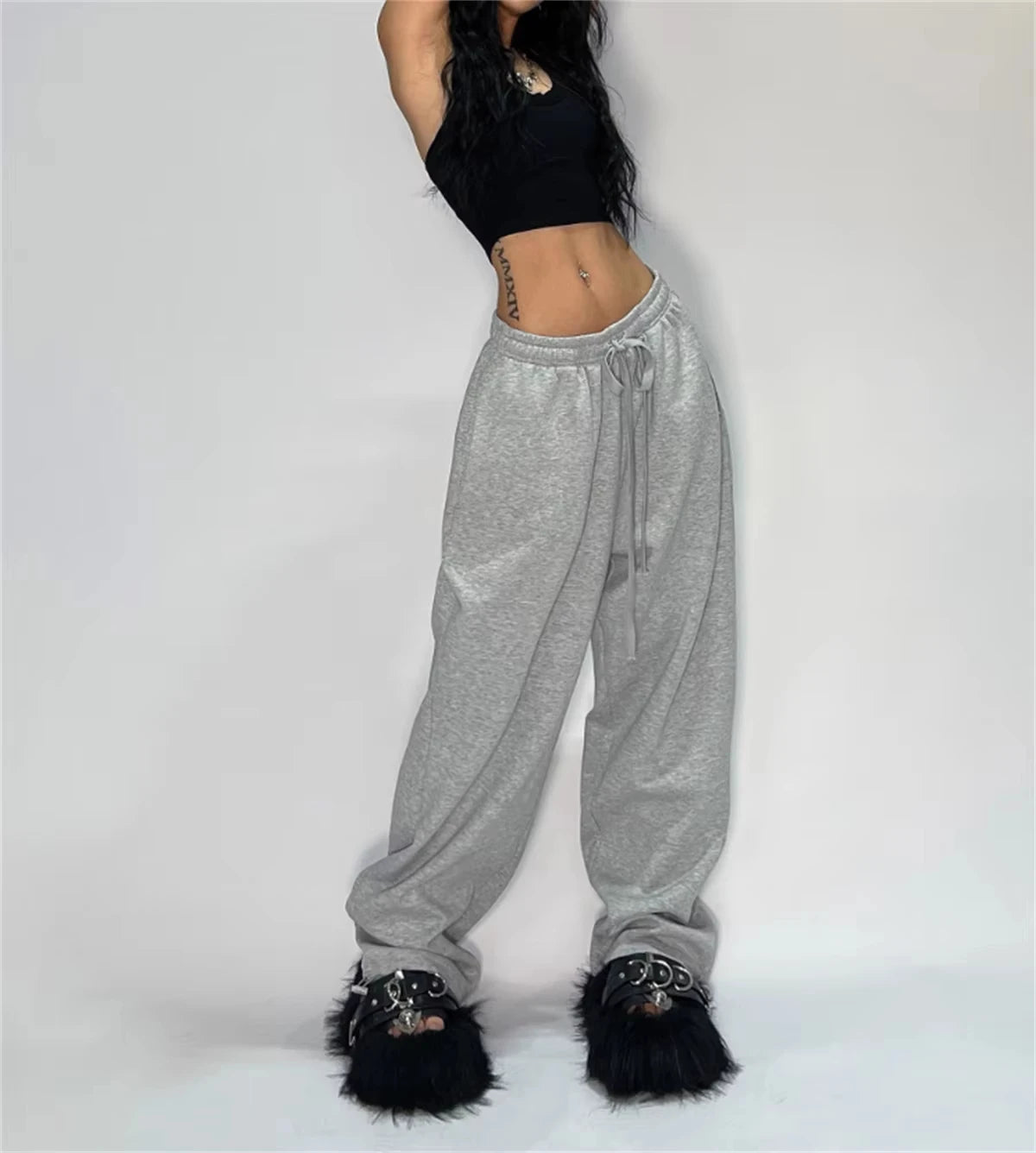 Casual Solid Sweatpants High Waist Lace- Up
