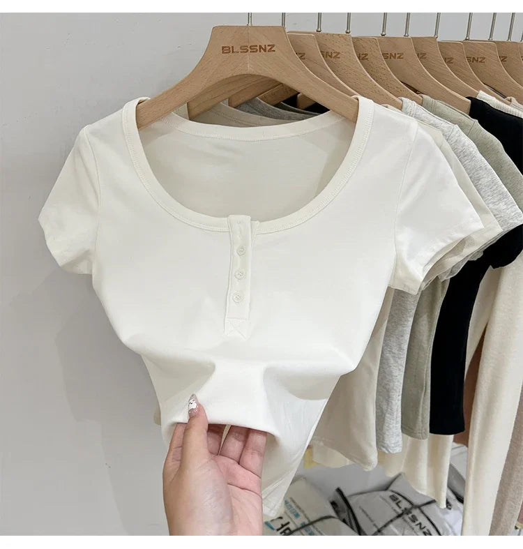 Button T-Shirt Cotton Slim  Short Sleeve Top