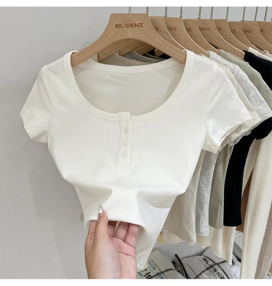 Button T-Shirt Cotton Slim  Short Sleeve Top