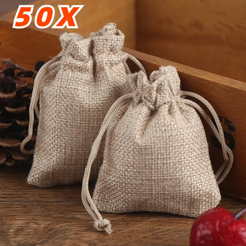 50PCS Drawstring Burlap Jute Favor Gift Bag