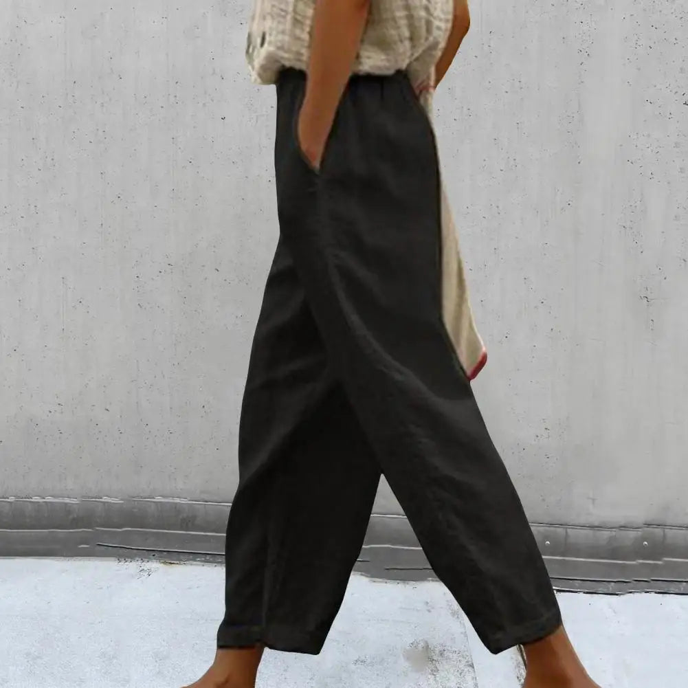 Elastic Waistband Drawstring Pockets Wide Leg Women Pants