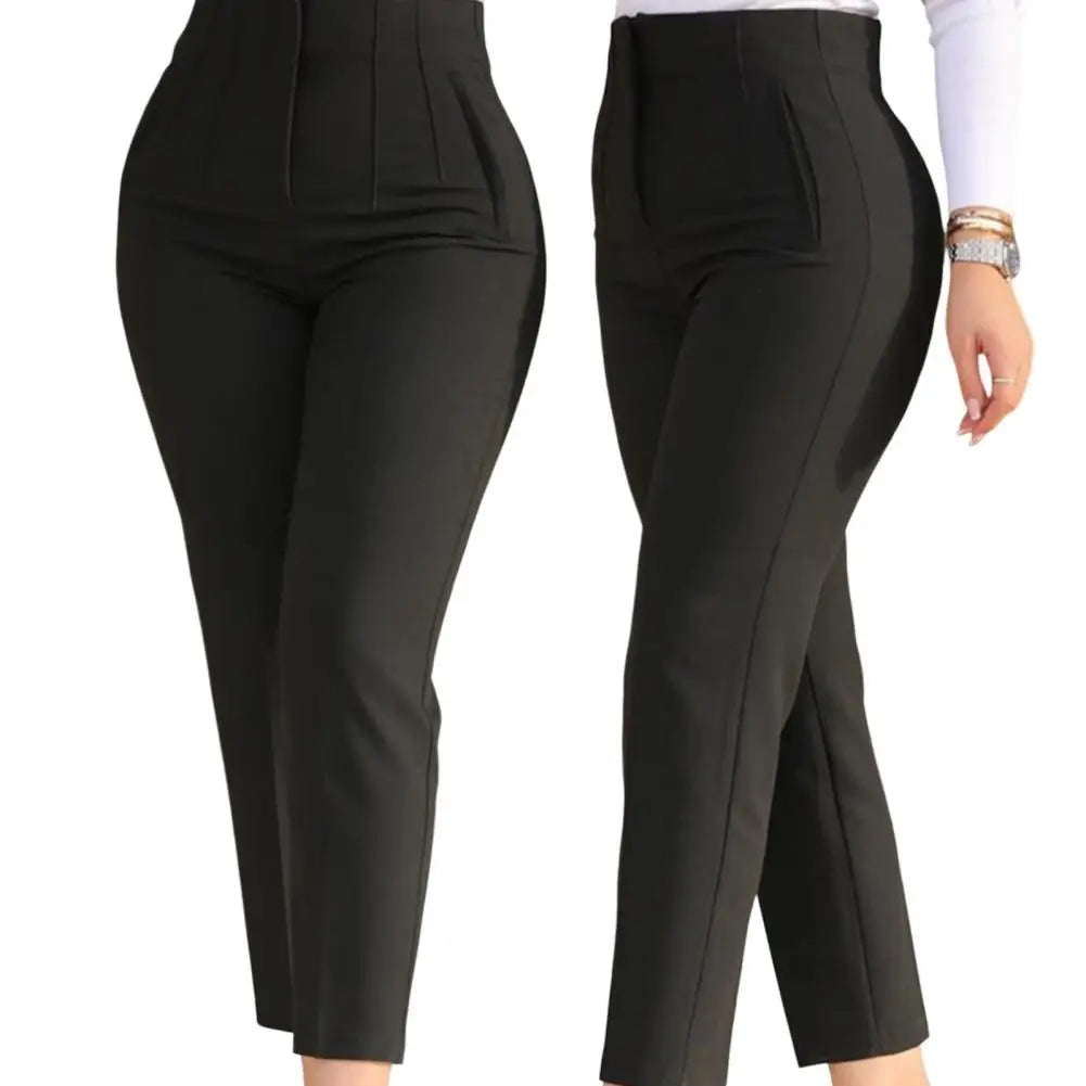 Trousers High Waist Pleated Pockets Solid Color