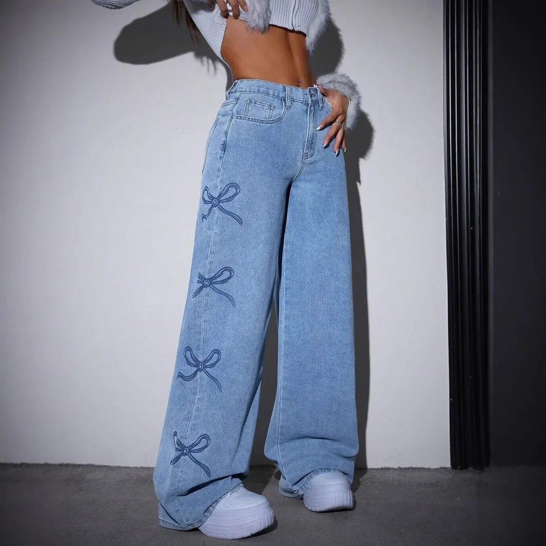 Denim Bow Print Jeans High Waist