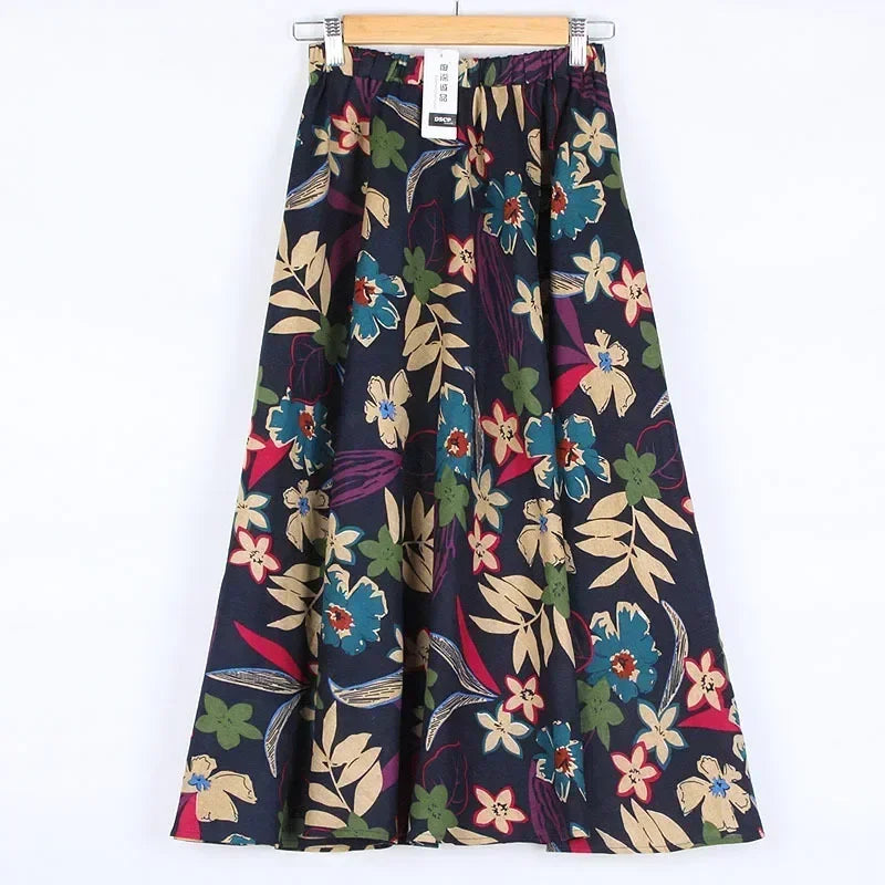 Cotton Linen Print Long Skirt Vintage