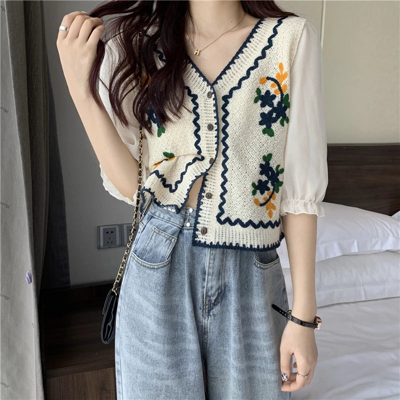 Flower Embroidery Crochet  Chiffon Sleeve  Top