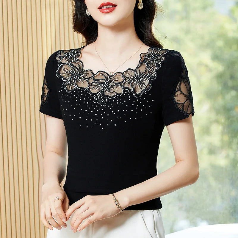 Short Sleeved O-Neck  Mesh Lace Tops
