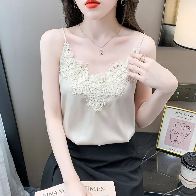Silk Lace Sleeveless White Female Tank Top