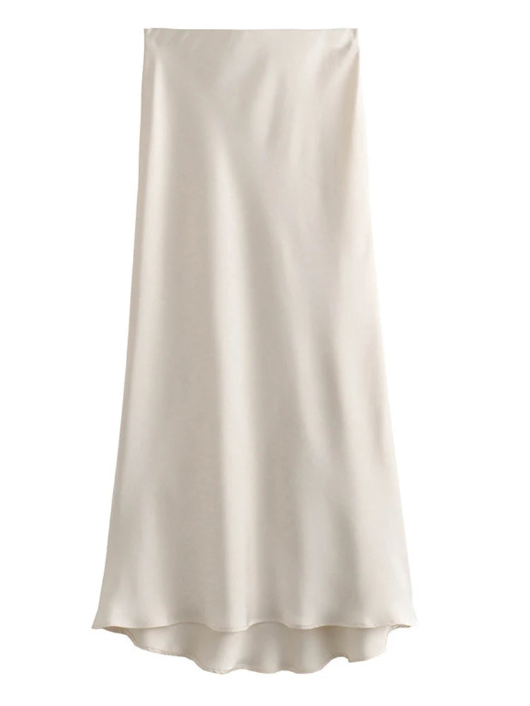 Black Satin High Waist  Midi Skirt