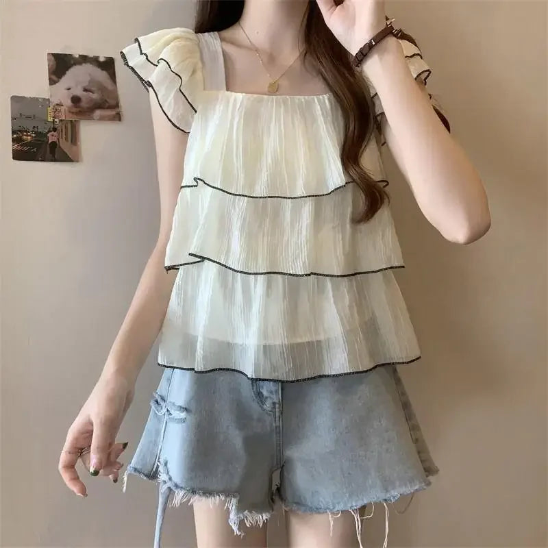 Short Sleeve Chiffon Blouse Ruffle Edge