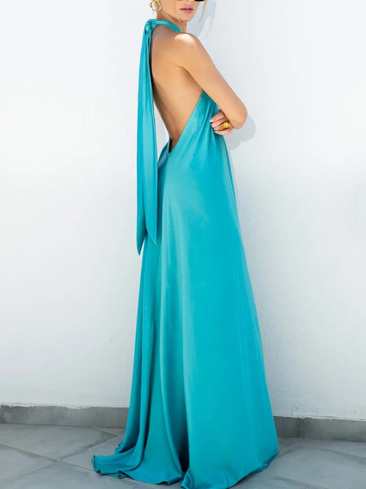 Satin Sexy Evening Dress Solid Blue Sleeveless