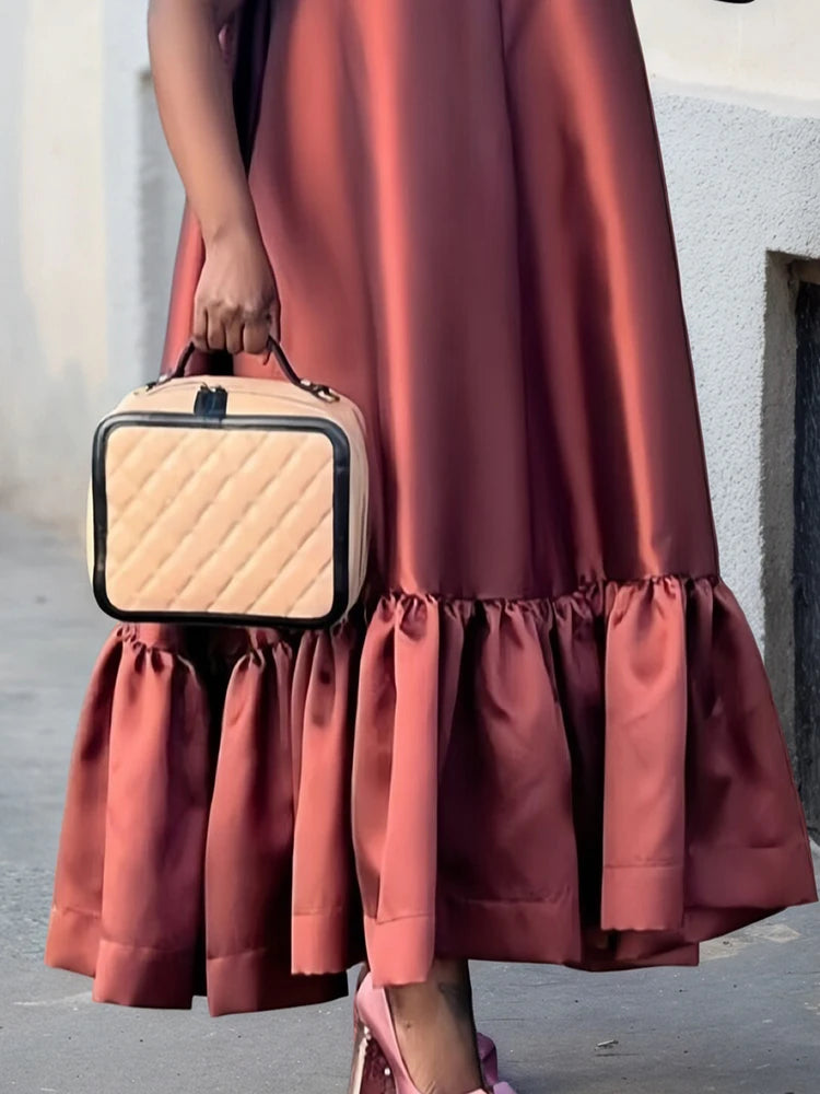 Sleeveless Round Neck Ruffle Hem Satin  Dresses