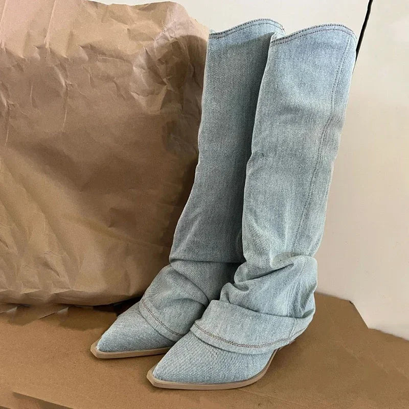 Women Pleats Blue Denim Thigh High Boots