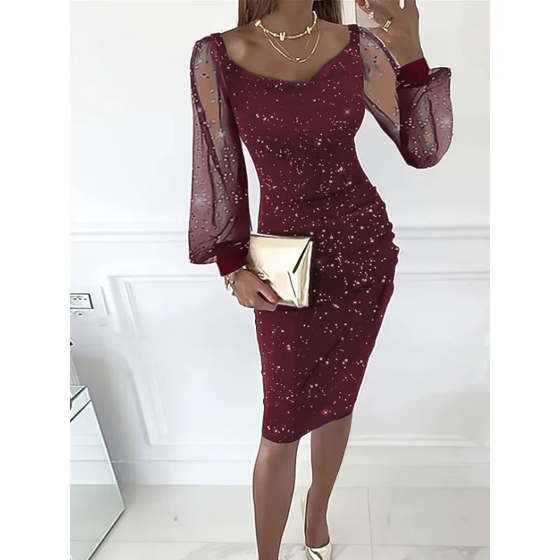 Plus Size 1XL-5XL Transparent Mesh Sleeve Dresses