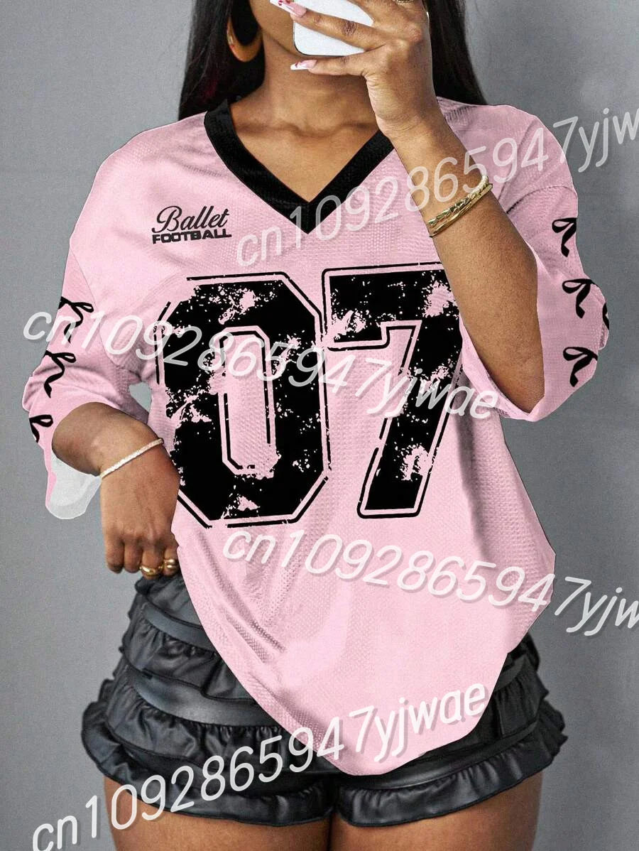 Letter Print V-Neck Short Sleeve  Mesh T-Shirt