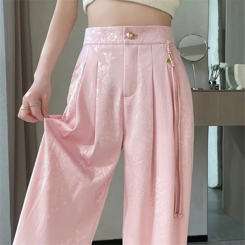 New Wide Leg Satin Casual Pants Female