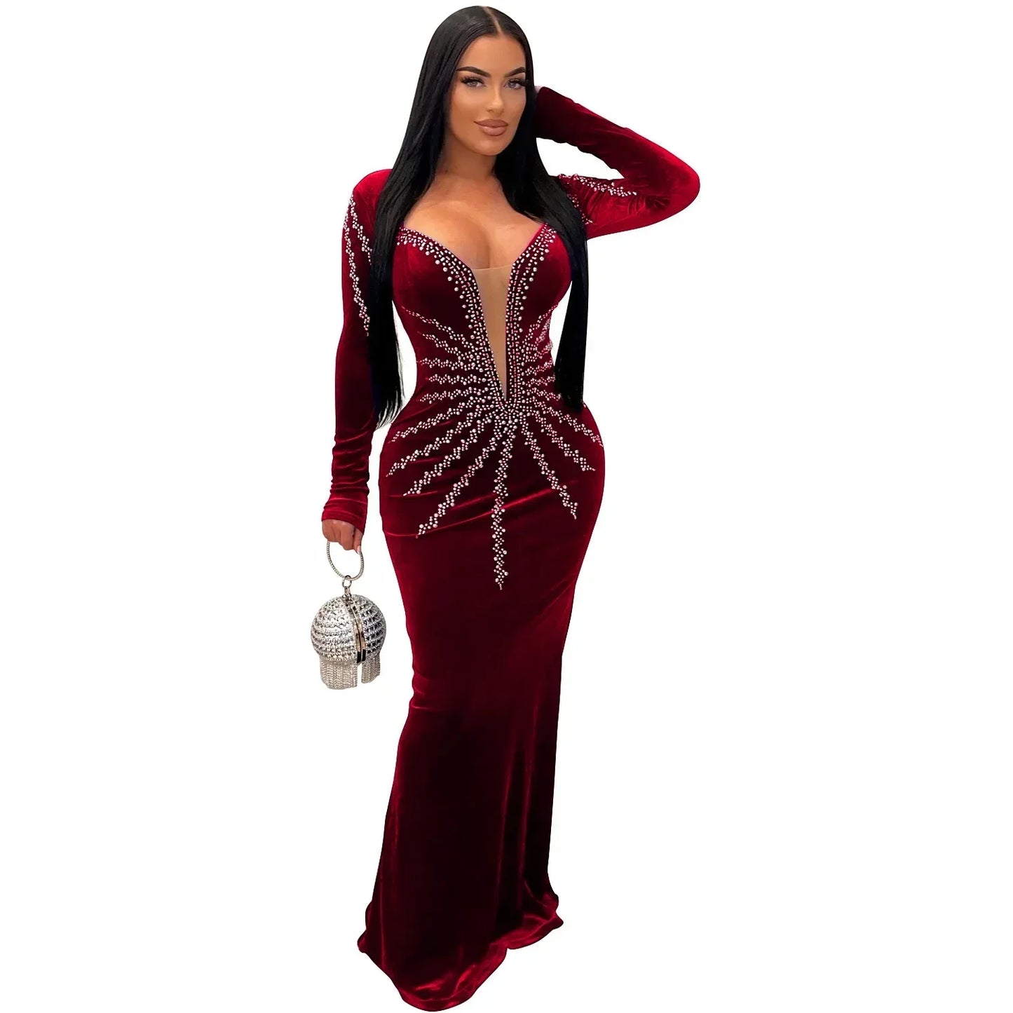 Elegant Diamonds Velvet Long  Deep V Evening