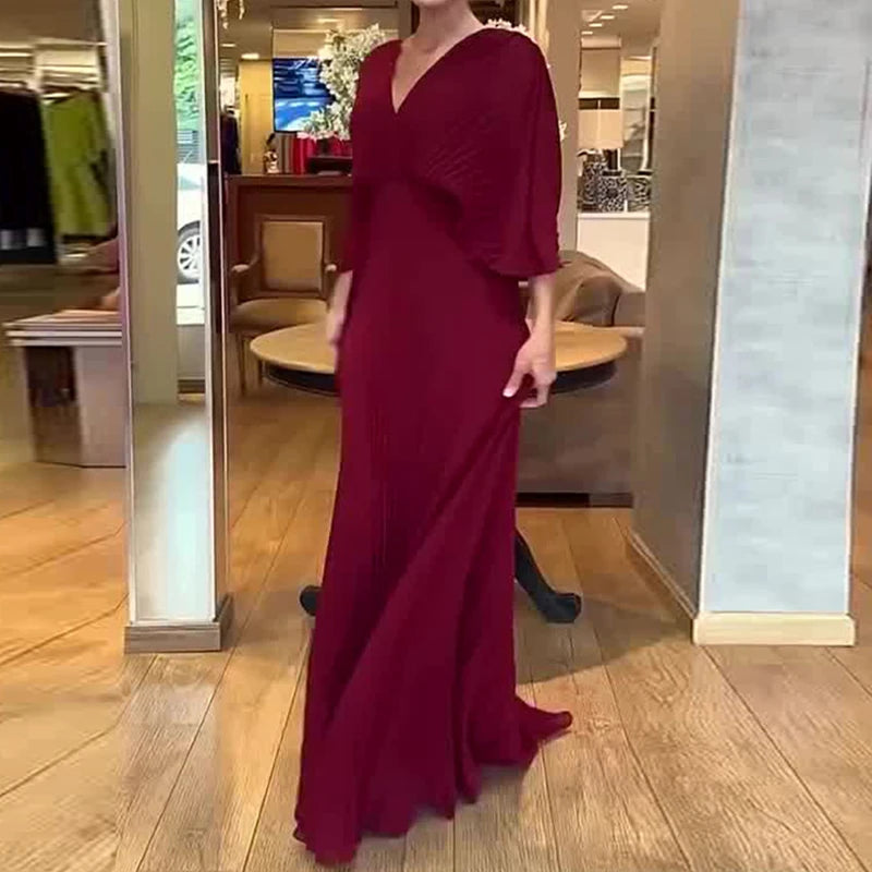 V-neck Casual 3/4 Sleeve Pleated Maxi Dress