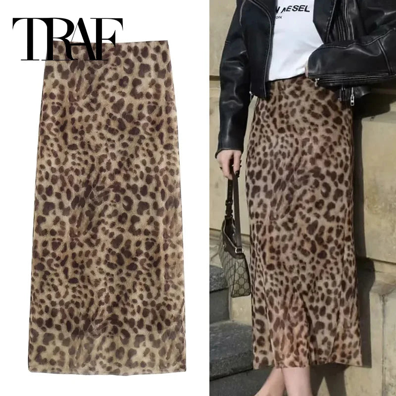 Leopard Print Midi Skirt High Waist