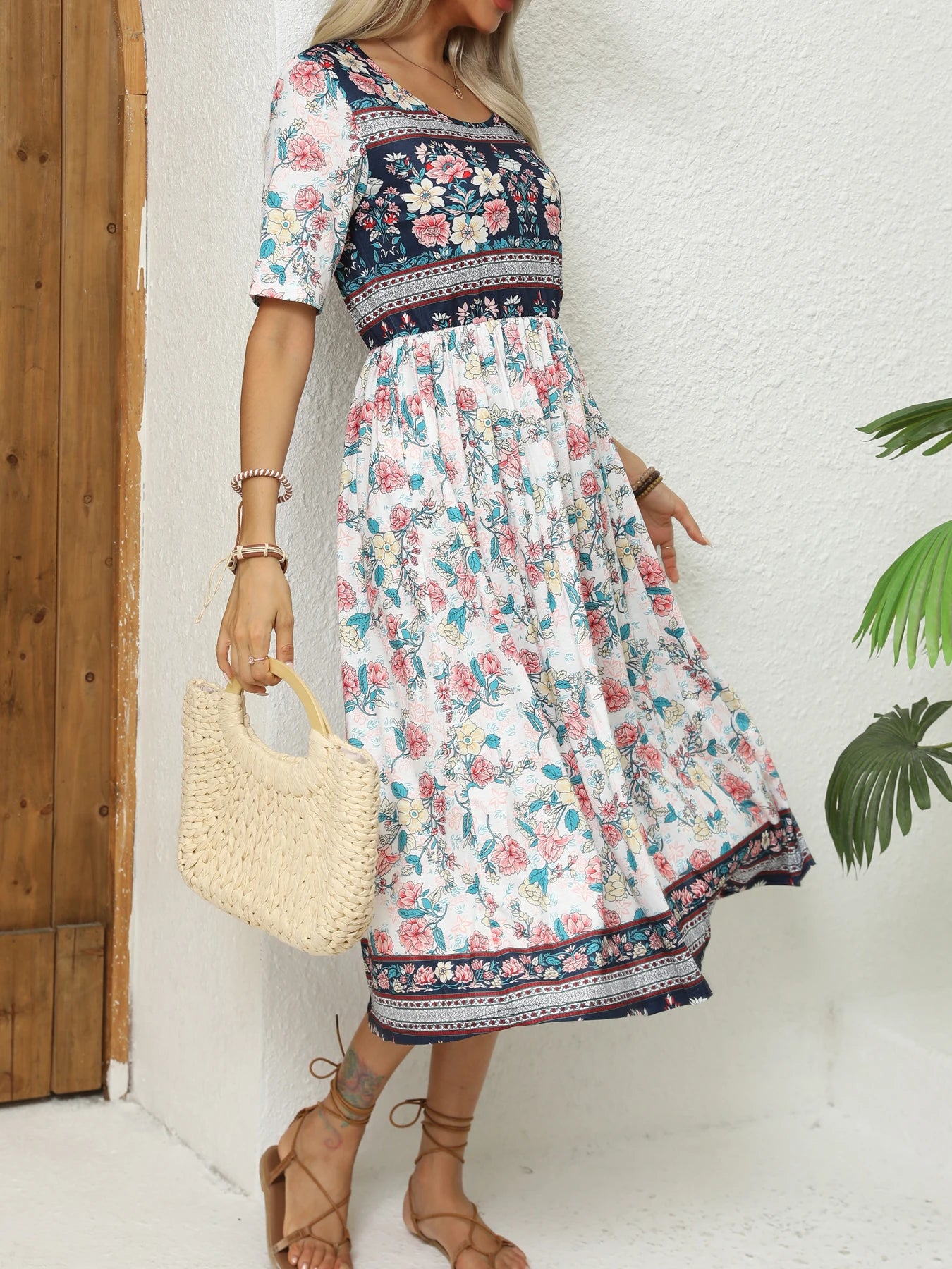 Round Neck Short Sleeve Print Dress