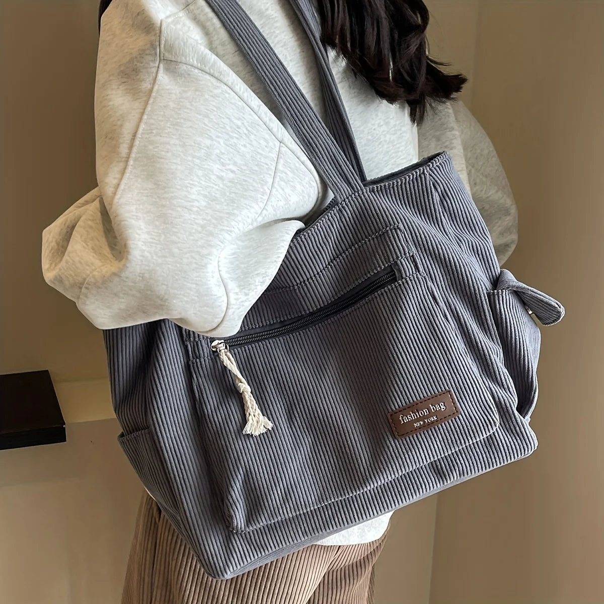 Simple Corduroy  Solid Color Shoulder Bag,