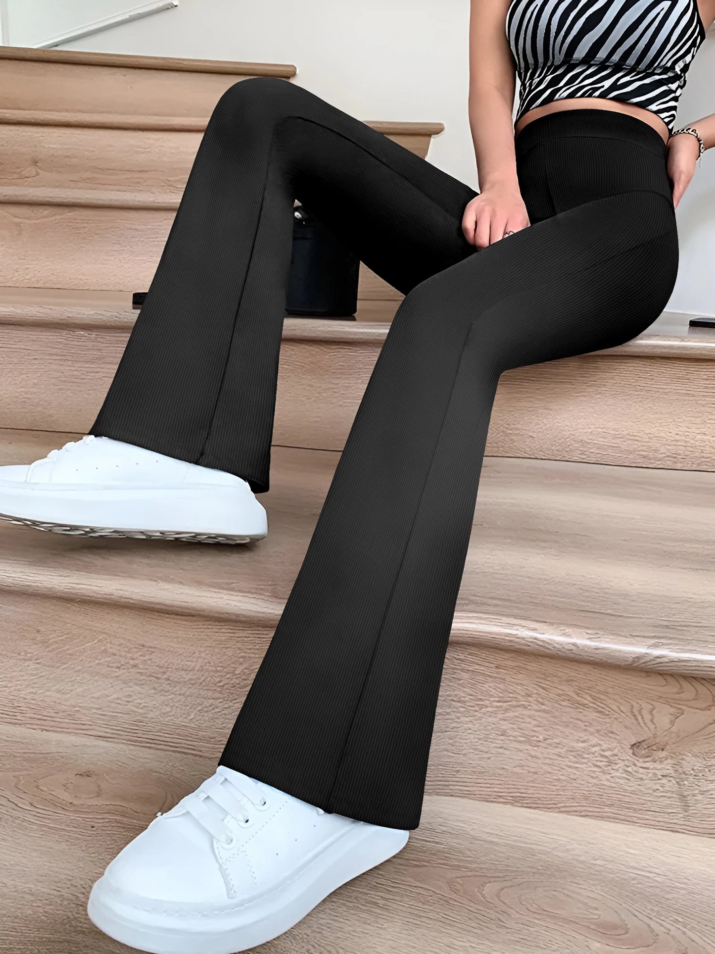 Flared Pants  Slim Solid Color High Waist