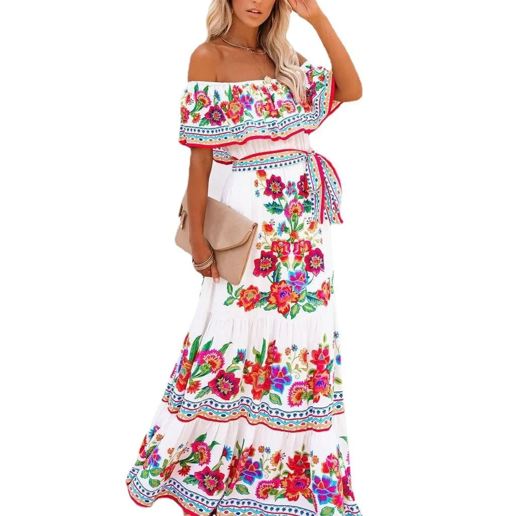 Summer Off-shoulder Red Flower Printing